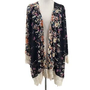 UMGEE Women's Black Floral Crochet Trim Kimono Blouse Size M/L